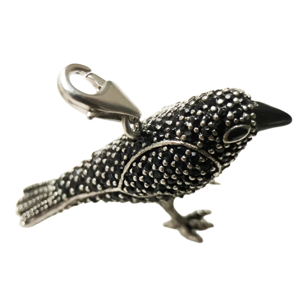 925 Sterling Silver Black Zircon Encrusted Raven Pendant Charm - Lovez Aqua© -