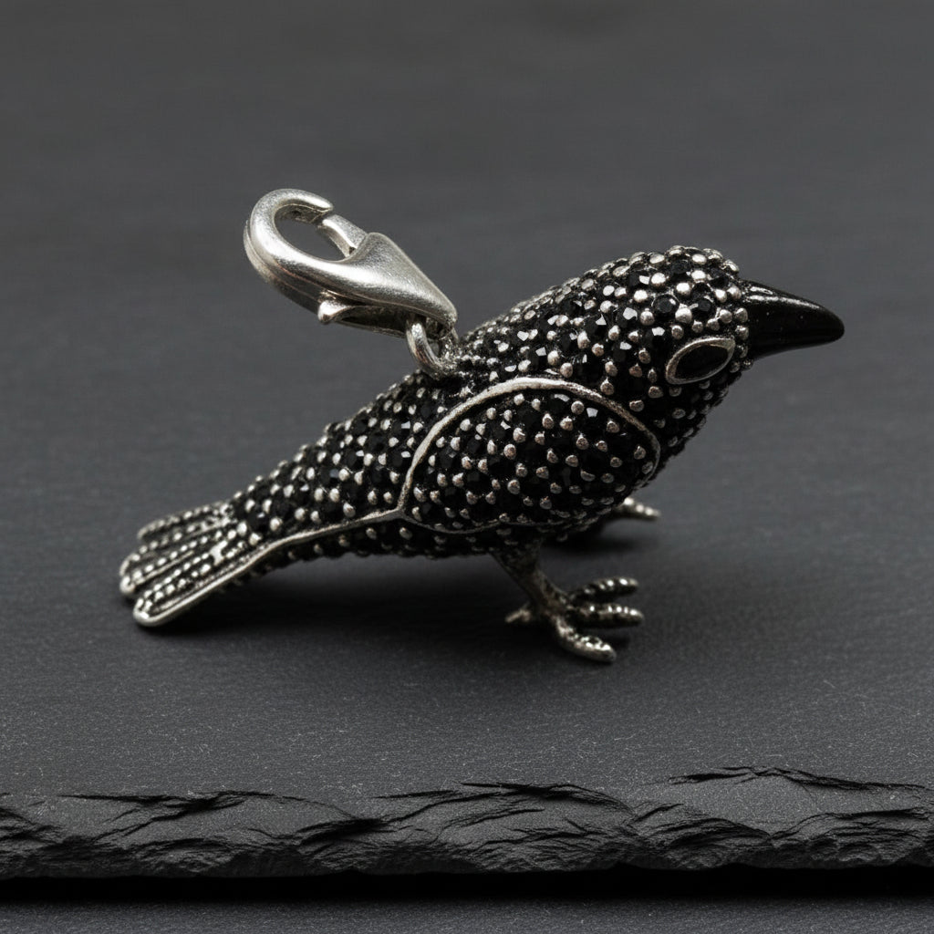 925 Sterling Silver Black Zircon Encrusted Raven Pendant Charm - Lovez Aqua© -