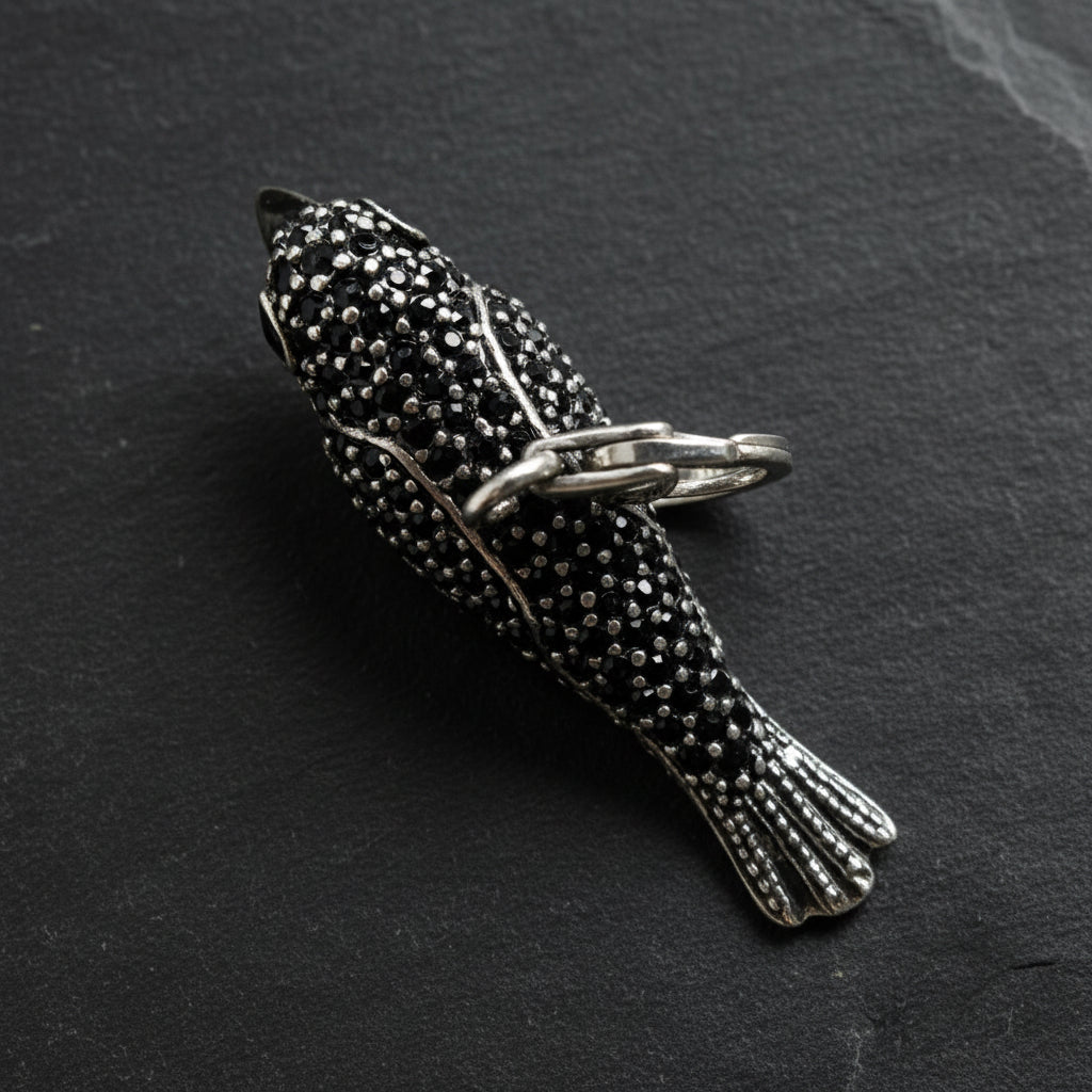 925 Sterling Silver Black Zircon Encrusted Raven Pendant Charm - Lovez Aqua© -