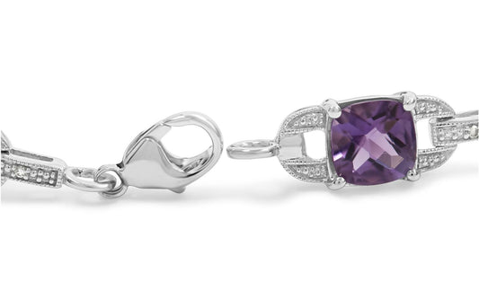 925 Sterling Silver Cushion Cut Amethyst Gemstone & Diamond Tennis Link Bracelet - Lovez Aqua© -