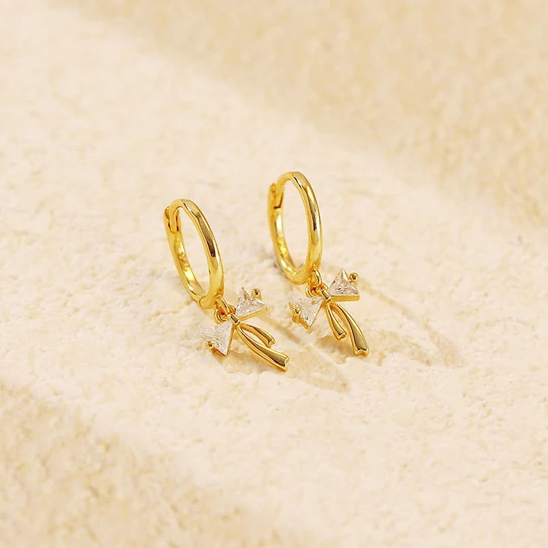 925 Sterling Silver Cute Bow Tassel Women's Drop Hoop Earrings - Lovez Aqua© - Gold