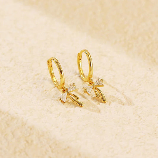 925 Sterling Silver Cute Bow Tassel Women's Drop Hoop Earrings - Lovez Aqua© - Gold