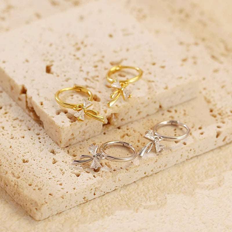 925 Sterling Silver Cute Bow Tassel Women's Drop Hoop Earrings - Lovez Aqua© -