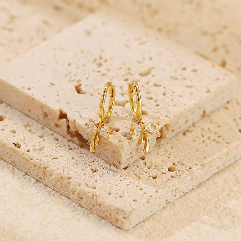 925 Sterling Silver Cute Bow Tassel Women's Drop Hoop Earrings - Lovez Aqua© -