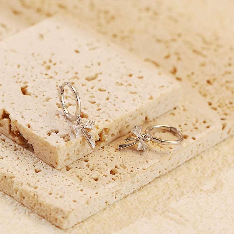 925 Sterling Silver Cute Bow Tassel Women's Drop Hoop Earrings - Lovez Aqua© -