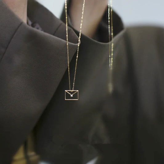 925 Sterling Silver Delicate Hollow Cutout Diamond Envelope Pendant Necklace - Lovez Aqua© - Silver-40cm