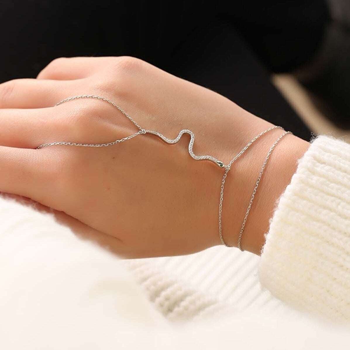 925 Sterling Silver Delicate Snake Finger Chain Bracelet with Zircon Gemstone - Lovez Aqua© -