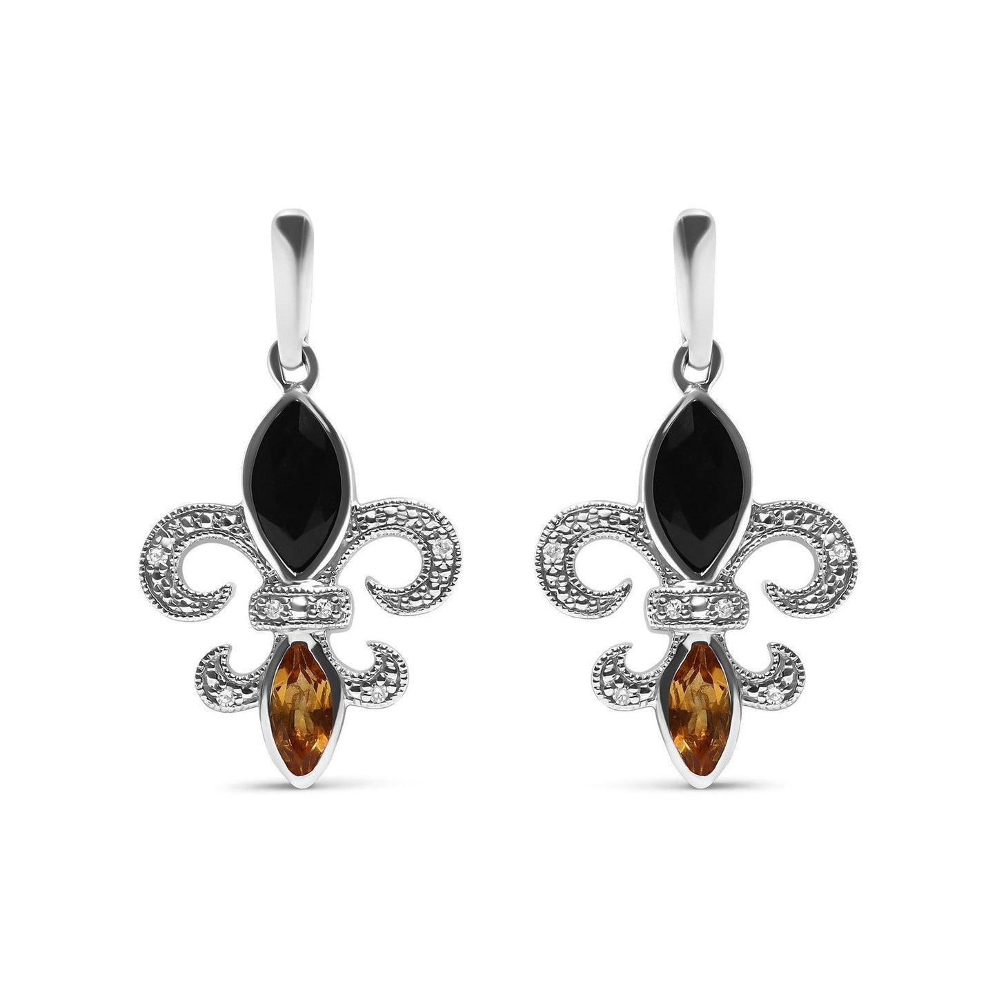 925 Sterling Silver Diamond Fleur De Lis Drop Earrings With Onyx & Citrine - Lovez Aqua© -