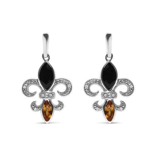 925 Sterling Silver Diamond Fleur De Lis Drop Earrings With Onyx & Citrine - Lovez Aqua© -