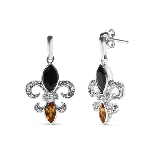 925 Sterling Silver Diamond Fleur De Lis Drop Earrings With Onyx & Citrine - Lovez Aqua© -