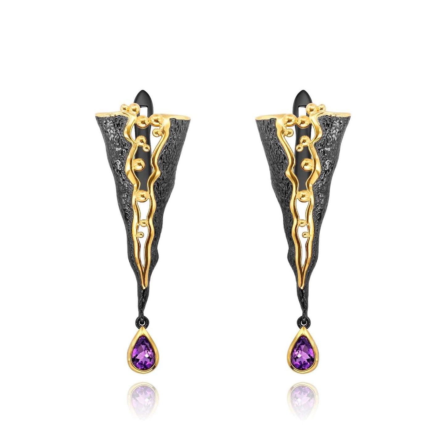 925 Sterling Silver Golden Bead Honey Raindrop Triangle Amethyst Drop Earrings - Lovez Aqua© - Default Title