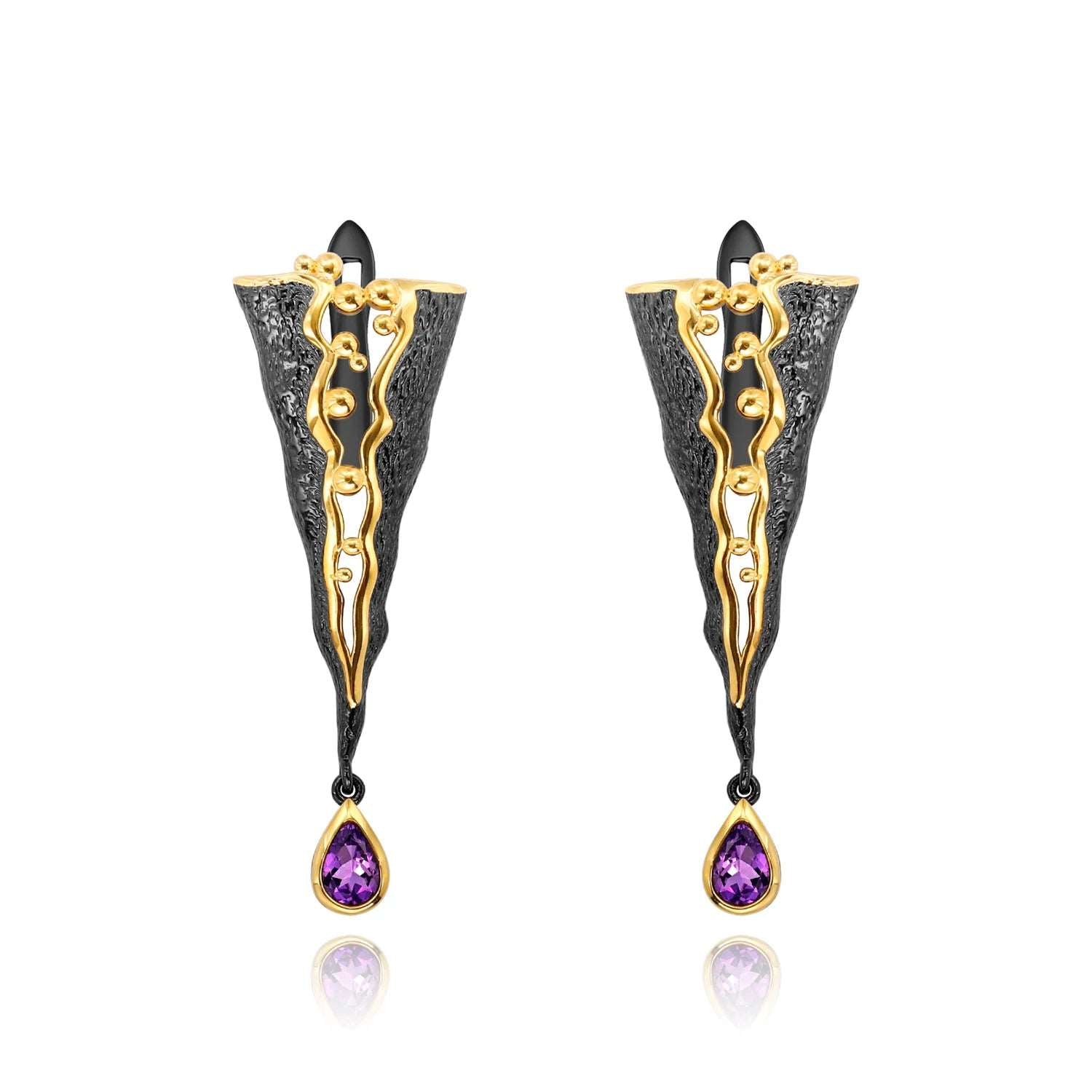 925 Sterling Silver Golden Bead Honey Raindrop Triangle Amethyst Drop Earrings - Lovez Aqua© - Default Title