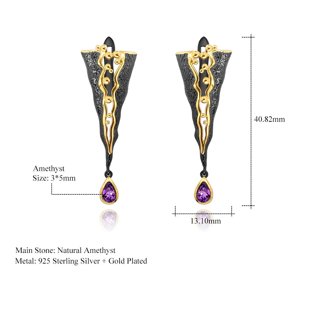 925 Sterling Silver Golden Bead Honey Raindrop Triangle Amethyst Drop Earrings - Lovez Aqua© -