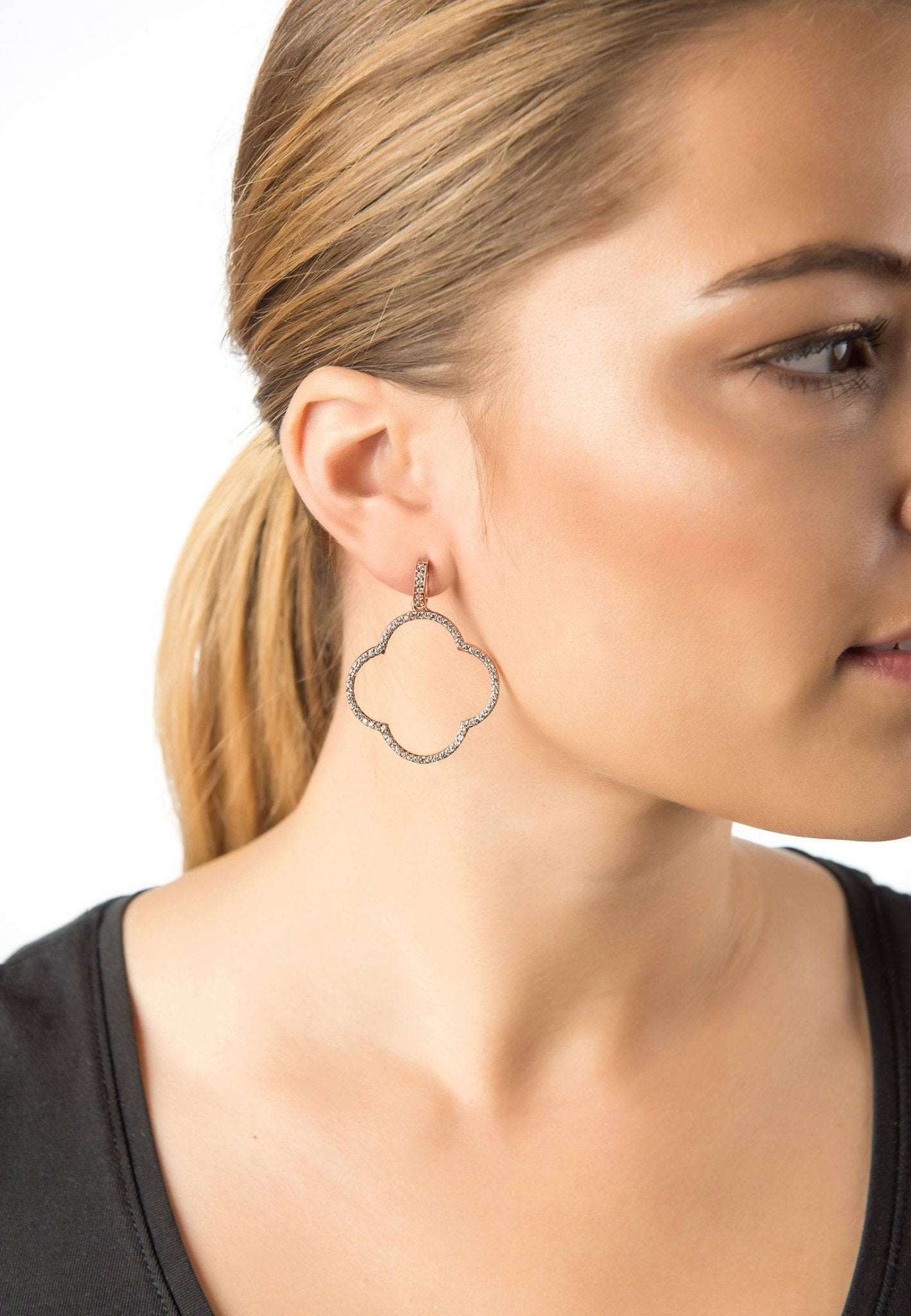 925 Sterling Silver Hollow Cubic Zirconia Clover Women's Large Drop Earrings - Lovez Aqua© -