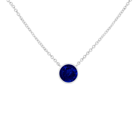 925 Sterling Silver Lab Grown Cobalt Blue Sapphire Solitaire Bezel Necklace - Lovez Aqua© -
