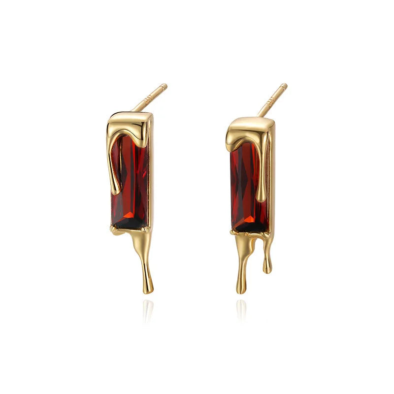 925 Sterling Silver Lava Red Cubic Zirconia Dripping Liquid Gold Stud Earrings - Lovez Aqua© - Default Title