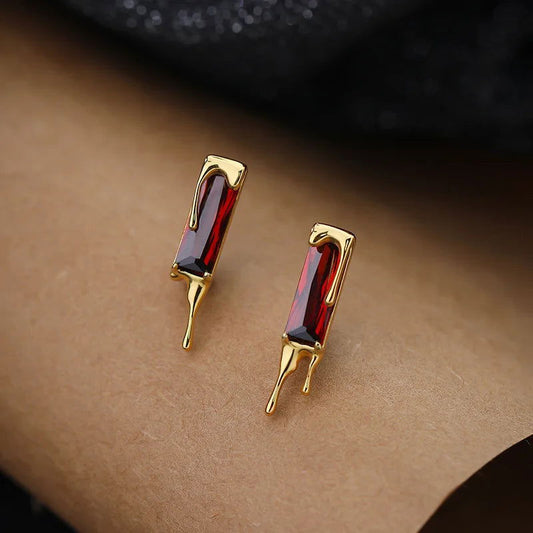 925 Sterling Silver Lava Red Cubic Zirconia Dripping Liquid Gold Stud Earrings - Lovez Aqua© -