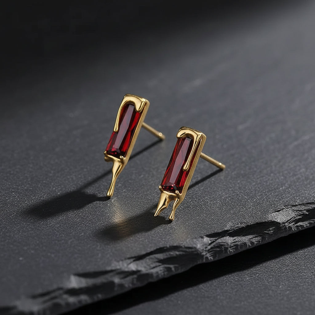 925 Sterling Silver Lava Red Cubic Zirconia Dripping Liquid Gold Stud Earrings - Lovez Aqua© -