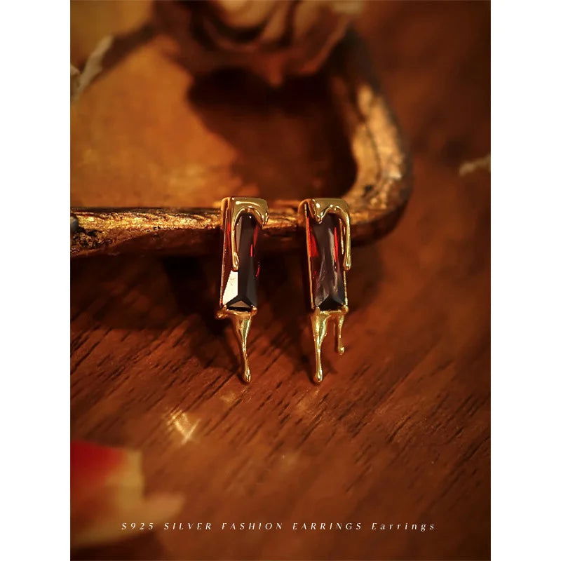 925 Sterling Silver Lava Red Cubic Zirconia Dripping Liquid Gold Stud Earrings - Lovez Aqua© -