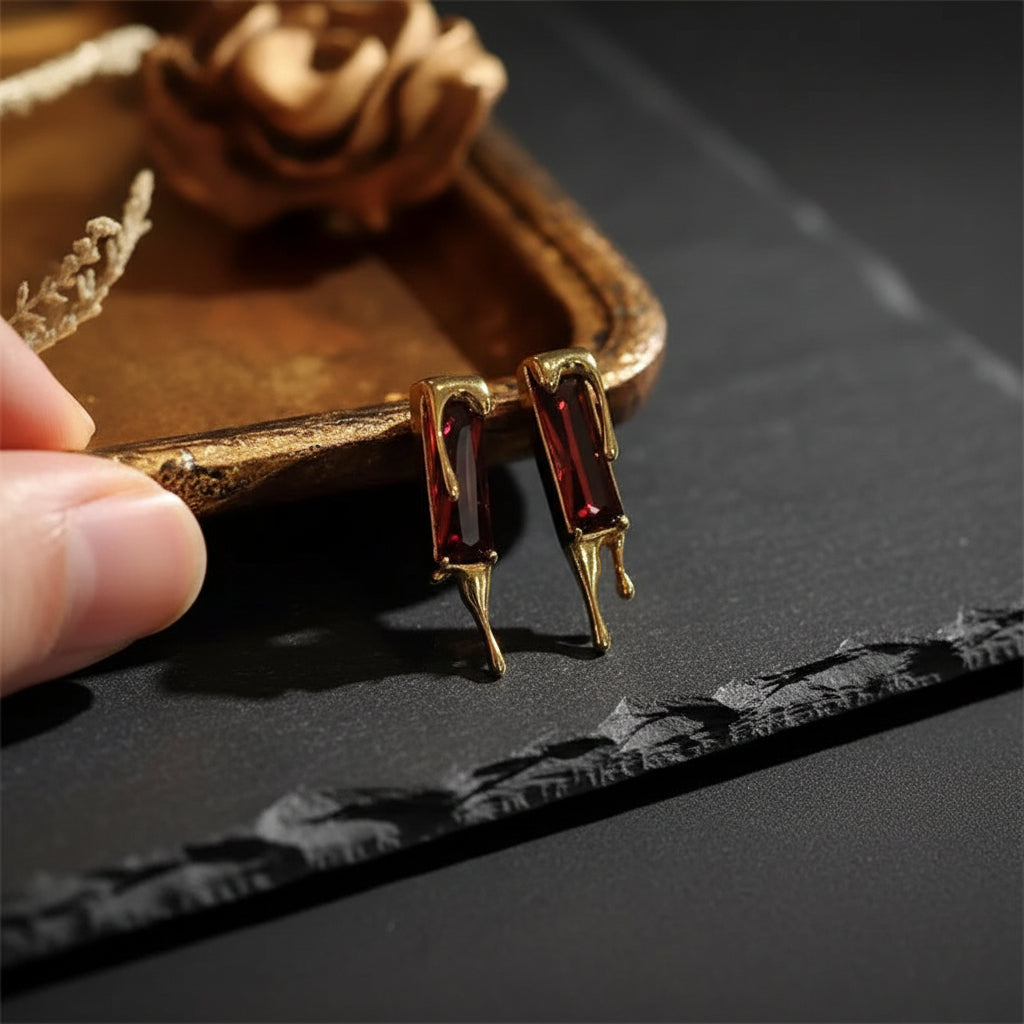 925 Sterling Silver Lava Red Cubic Zirconia Dripping Liquid Gold Stud Earrings - Lovez Aqua© -