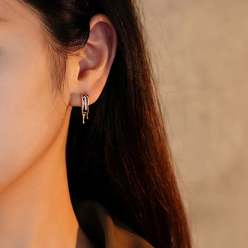 925 Sterling Silver Lava Red Cubic Zirconia Dripping Liquid Gold Stud Earrings - Lovez Aqua© -