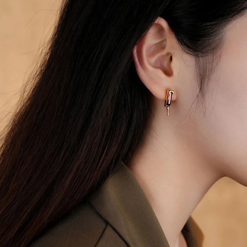 925 Sterling Silver Lava Red Cubic Zirconia Dripping Liquid Gold Stud Earrings - Lovez Aqua© -