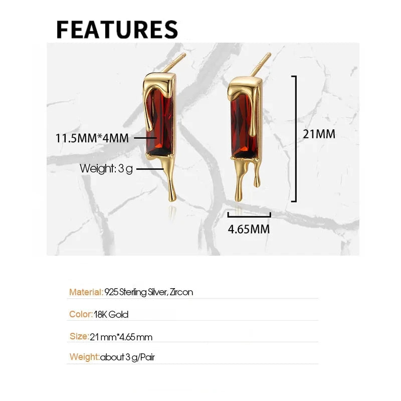 925 Sterling Silver Lava Red Cubic Zirconia Dripping Liquid Gold Stud Earrings - Lovez Aqua© -