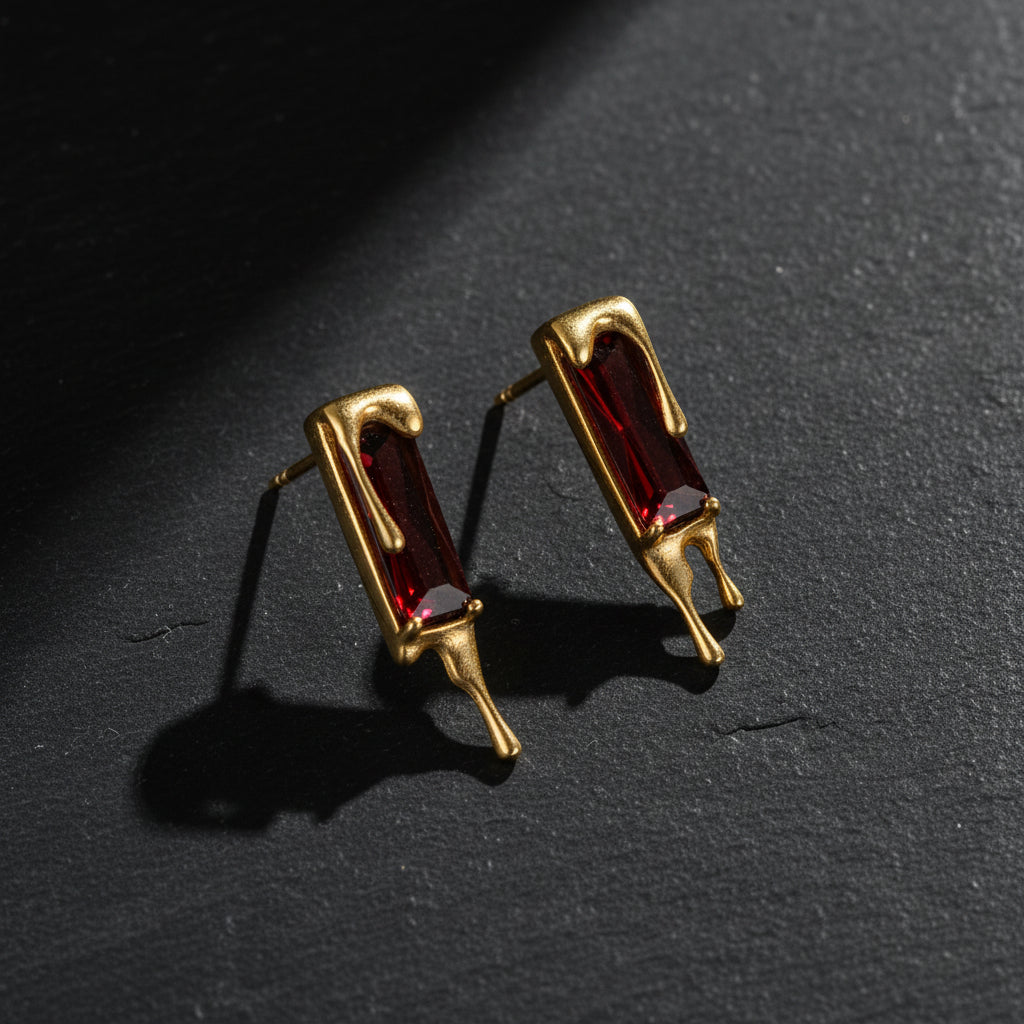 925 Sterling Silver Lava Red Cubic Zirconia Dripping Liquid Gold Stud Earrings - Lovez Aqua© -