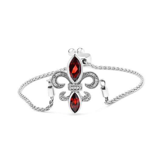 925 Sterling Silver Marquise Garnet & Diamond Lariat Fleur De Lis Bolo Bracelet - Lovez Aqua© -