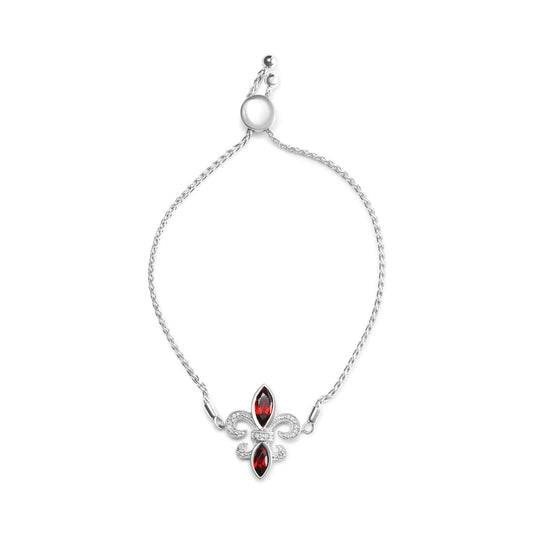 925 Sterling Silver Marquise Garnet & Diamond Lariat Fleur De Lis Bolo Bracelet - Lovez Aqua© -