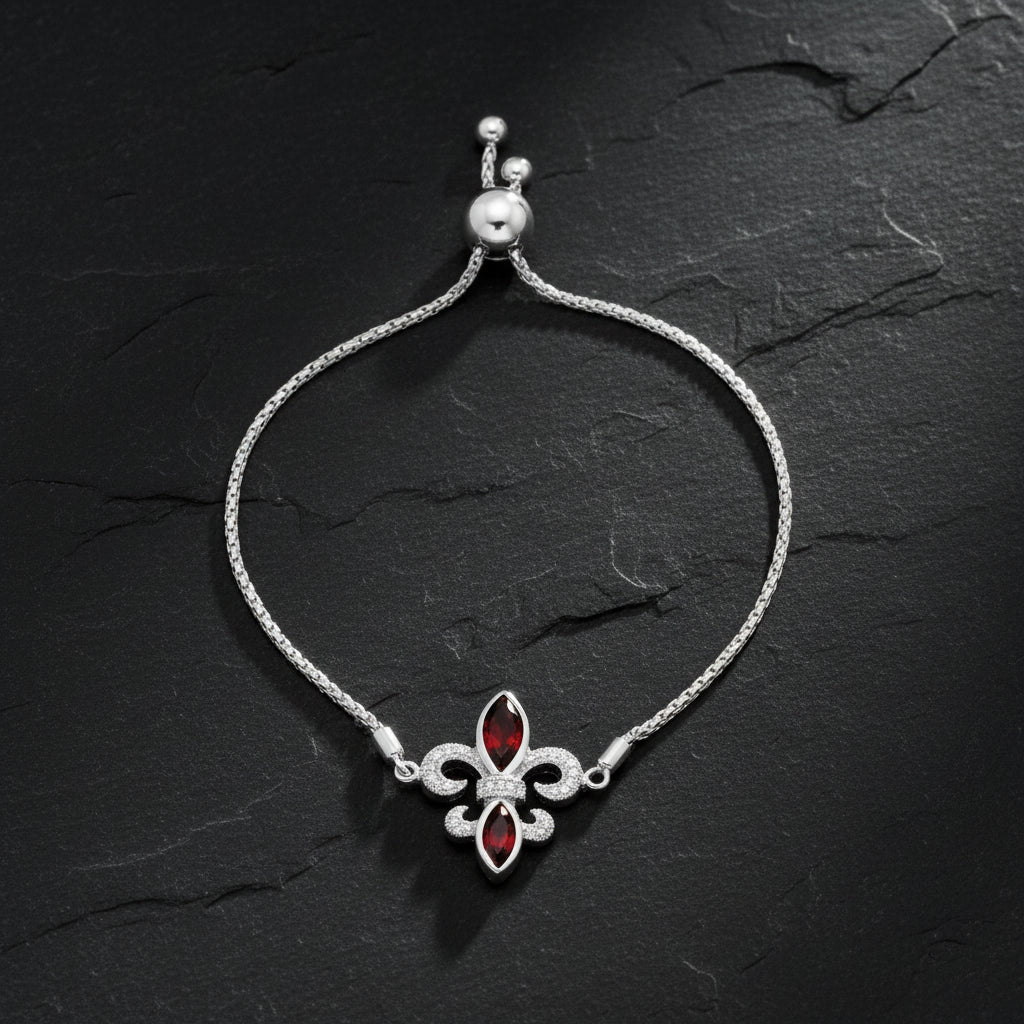 925 Sterling Silver Marquise Garnet & Diamond Lariat Fleur De Lis Bolo Bracelet - Lovez Aqua© -