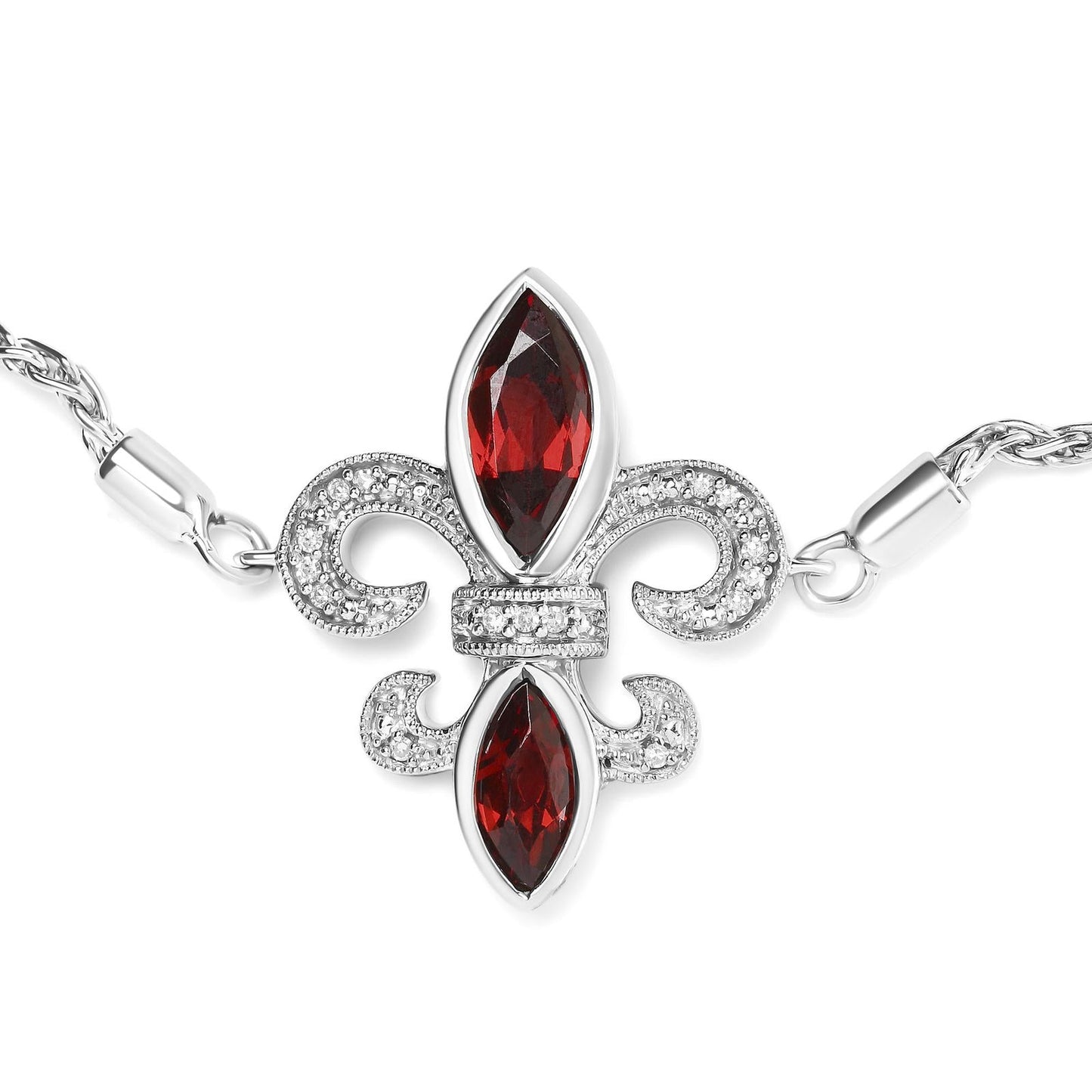 925 Sterling Silver Marquise Garnet & Diamond Lariat Fleur De Lis Bolo Bracelet - Lovez Aqua© -