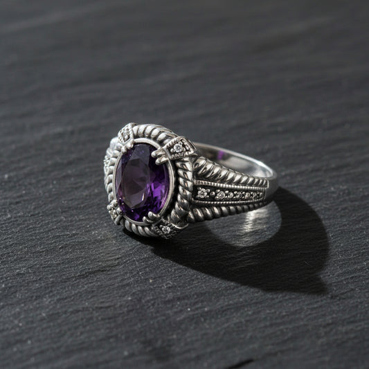 925 Sterling Silver Natural Purple Amethyst & Diamond Oval Prong Set Ring - Lovez Aqua© -