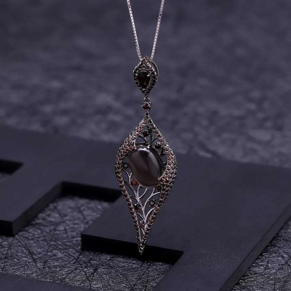 925 Sterling Silver Natural Smoky Quart Gemstone Vintage Gothic Pendant Necklace - Lovez Aqua© -
