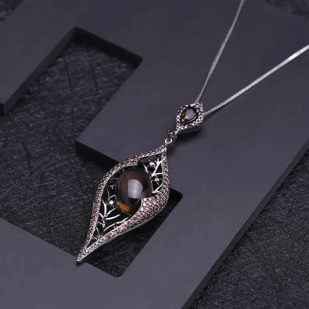 925 Sterling Silver Natural Smoky Quart Gemstone Vintage Gothic Pendant Necklace - Lovez Aqua© -