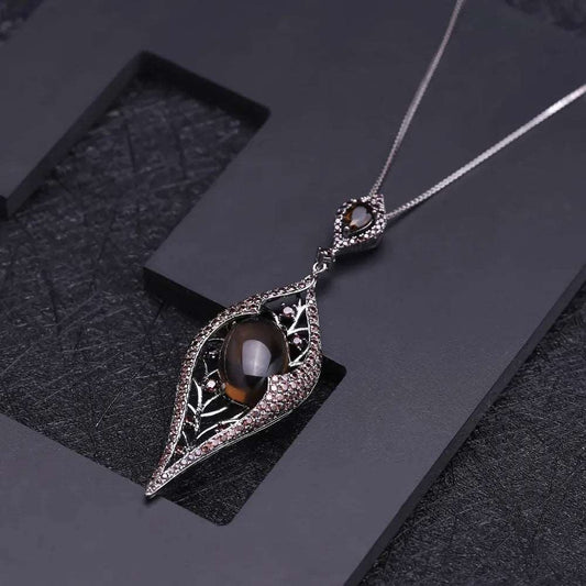 925 Sterling Silver Natural Smoky Quart Gemstone Vintage Gothic Pendant Necklace - Lovez Aqua© -