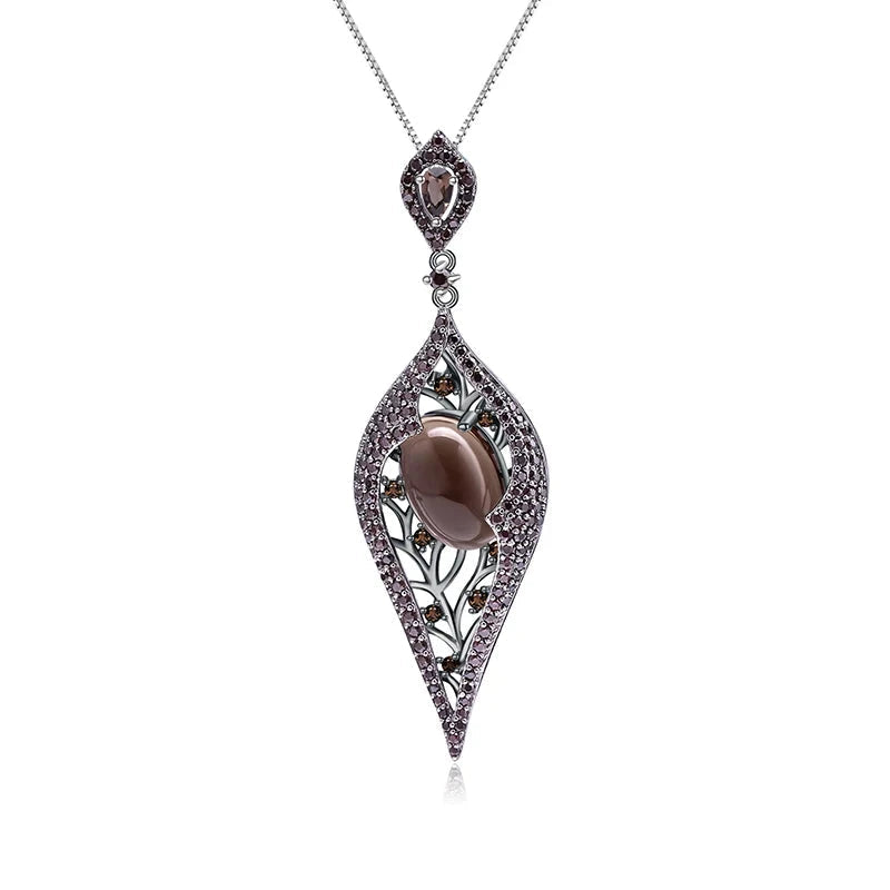 925 Sterling Silver Natural Smoky Quart Gemstone Vintage Gothic Pendant Necklace - Lovez Aqua© -