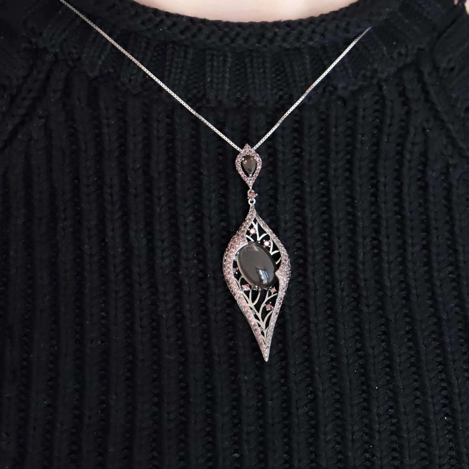 925 Sterling Silver Natural Smoky Quart Gemstone Vintage Gothic Pendant Necklace - Lovez Aqua© -