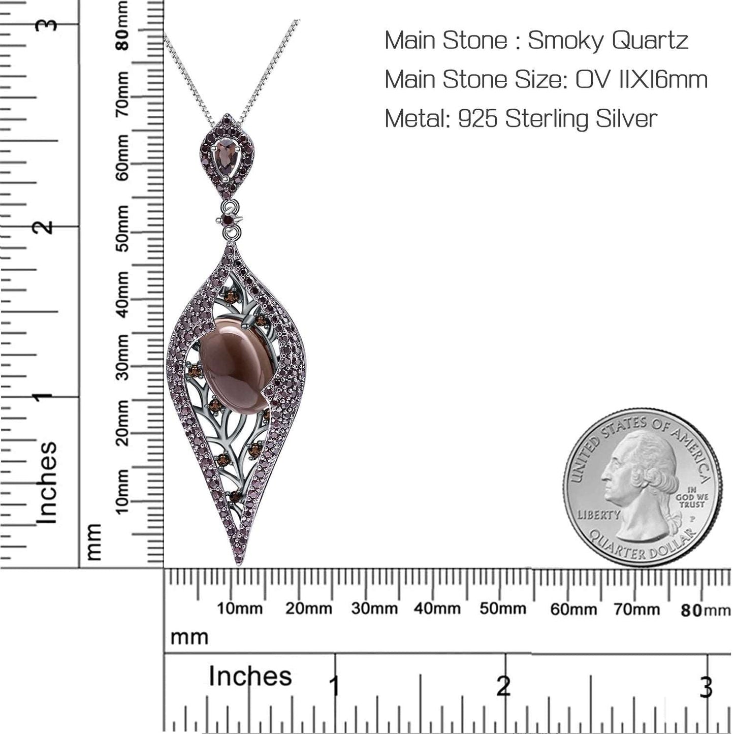 925 Sterling Silver Natural Smoky Quart Gemstone Vintage Gothic Pendant Necklace - Lovez Aqua© -