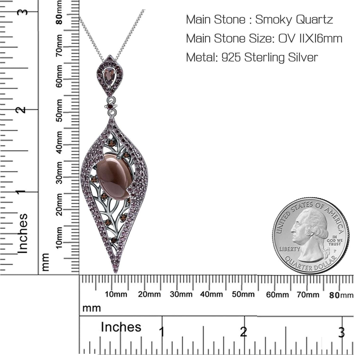 925 Sterling Silver Natural Smoky Quart Gemstone Vintage Gothic Pendant Necklace - Lovez Aqua© -