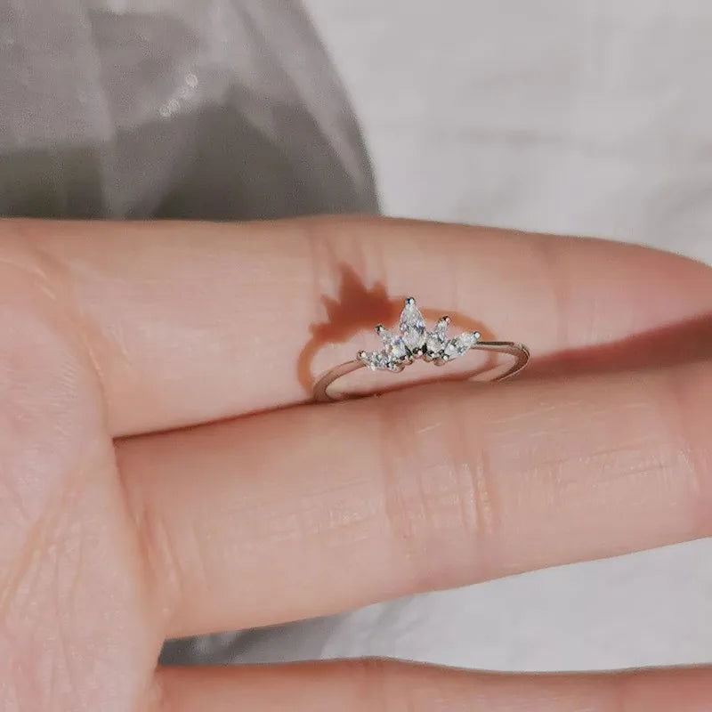 925 Sterling Silver Pavé Zircon Crystal 14K Gold Plated Minimalistic Crown Ring - Lovez Aqua© - Silver / 7