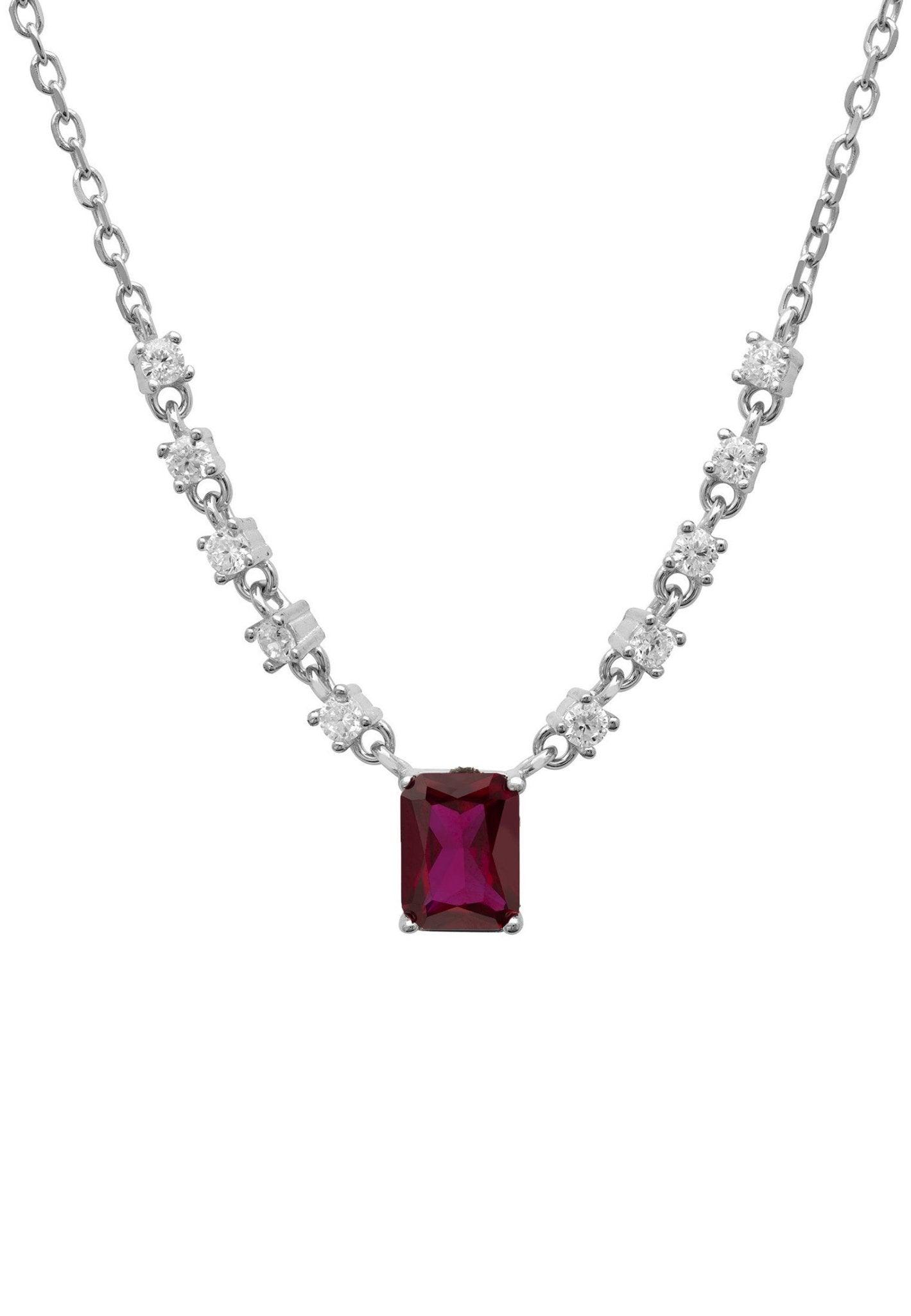 925 Sterling Silver Pendant Necklace With Square-Cut Ruby & Cubic Zirconia - Lovez Aqua© -