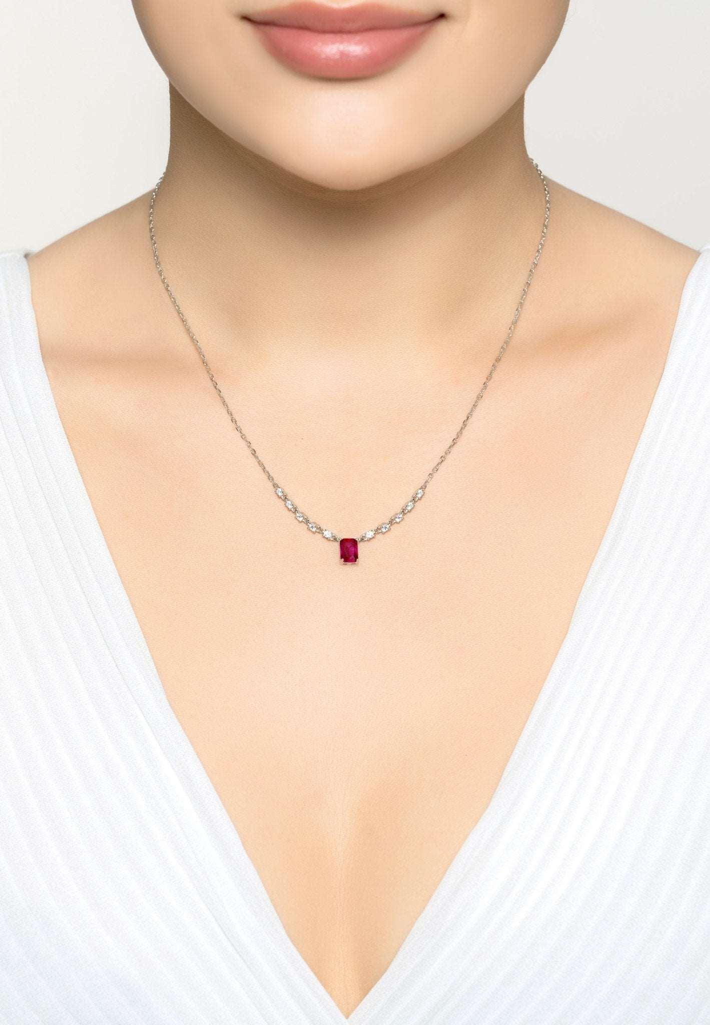 925 Sterling Silver Pendant Necklace With Square-Cut Ruby & Cubic Zirconia - Lovez Aqua© -
