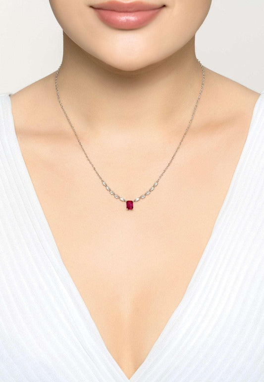 925 Sterling Silver Pendant Necklace With Square-Cut Ruby & Cubic Zirconia - Lovez Aqua© -