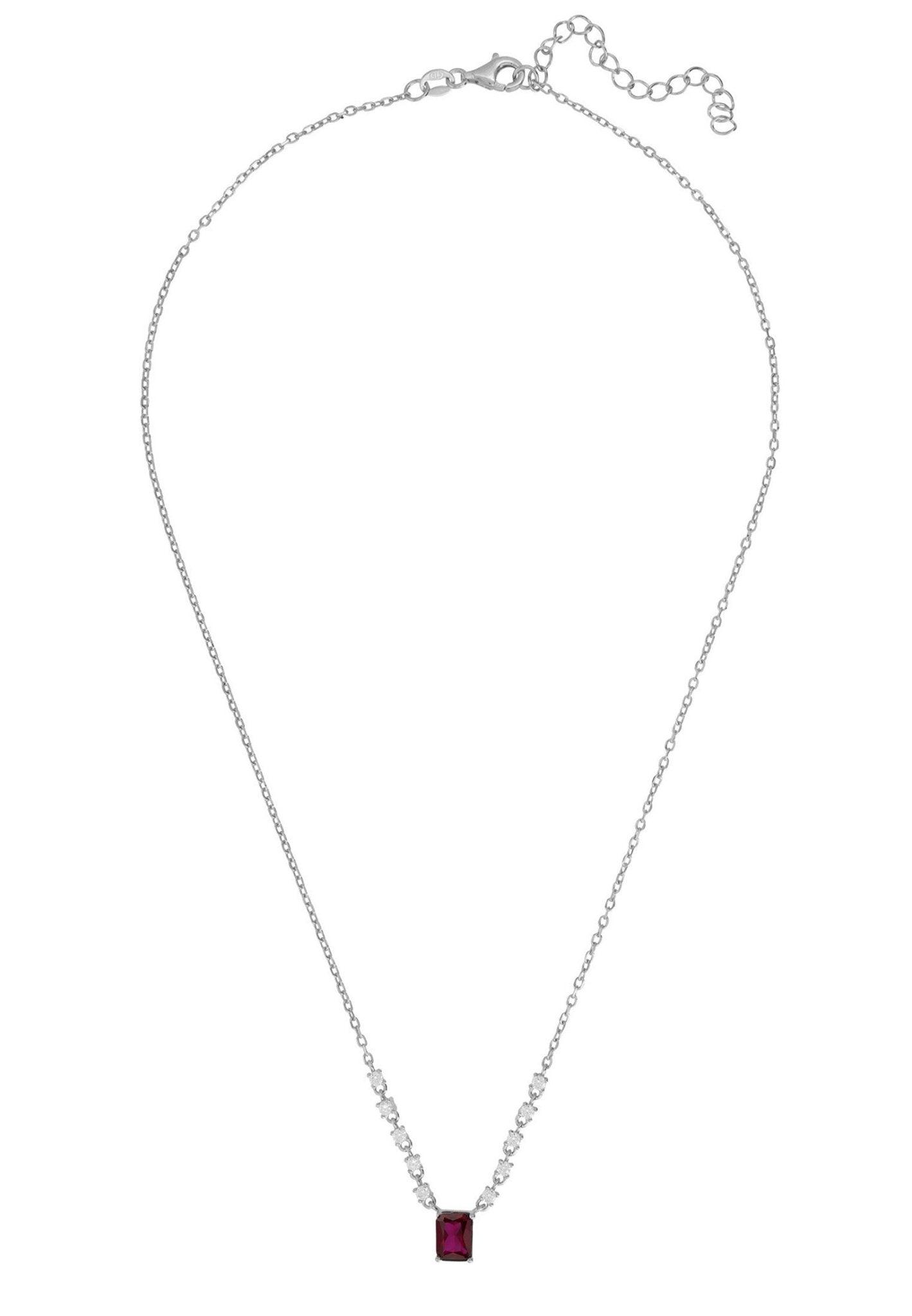 925 Sterling Silver Pendant Necklace With Square-Cut Ruby & Cubic Zirconia - Lovez Aqua© -