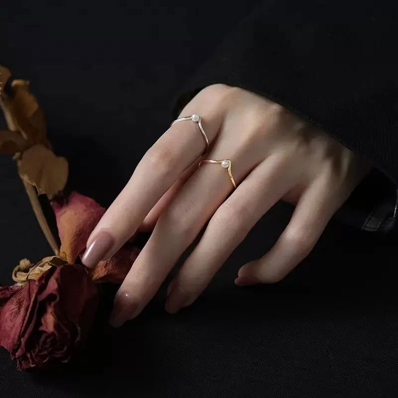 925 Sterling Silver Simple V-Shaped Pearl Embellished Women's Ring - Lovez Aqua© -