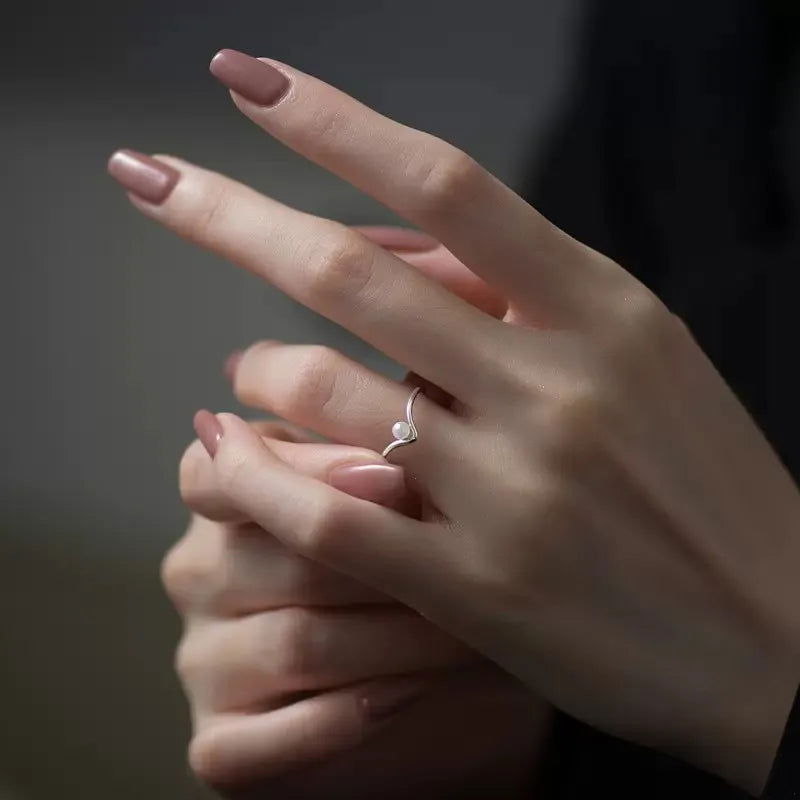 925 Sterling Silver Simple V-Shaped Pearl Embellished Women's Ring - Lovez Aqua© -