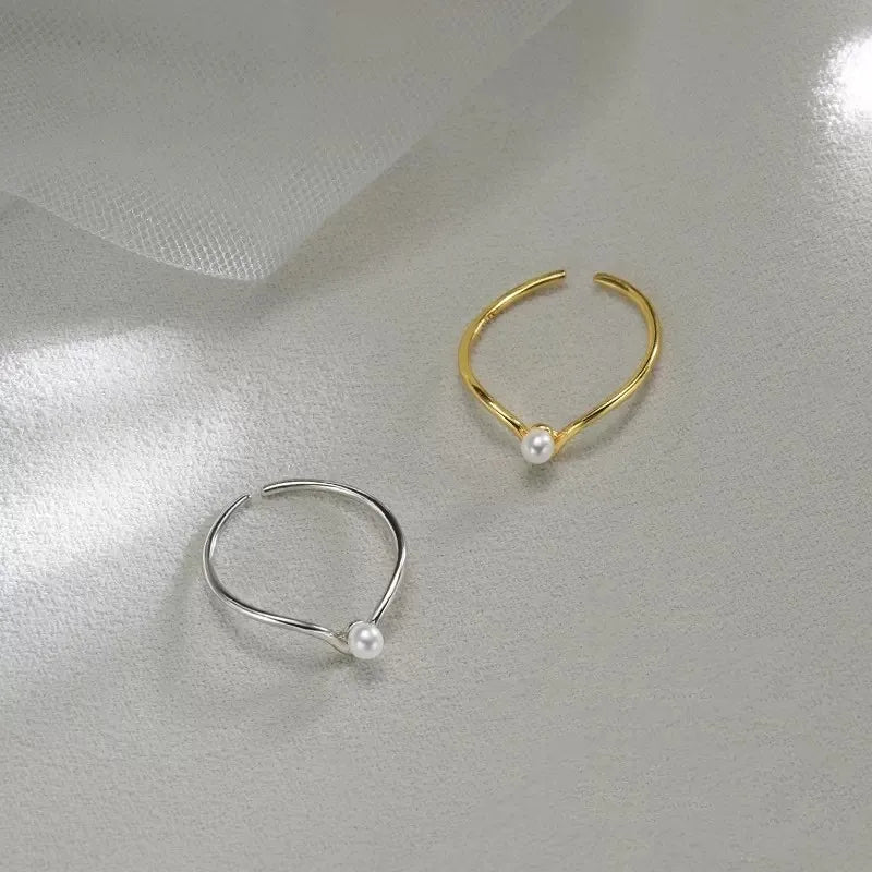 925 Sterling Silver Simple V-Shaped Pearl Embellished Women's Ring - Lovez Aqua© -