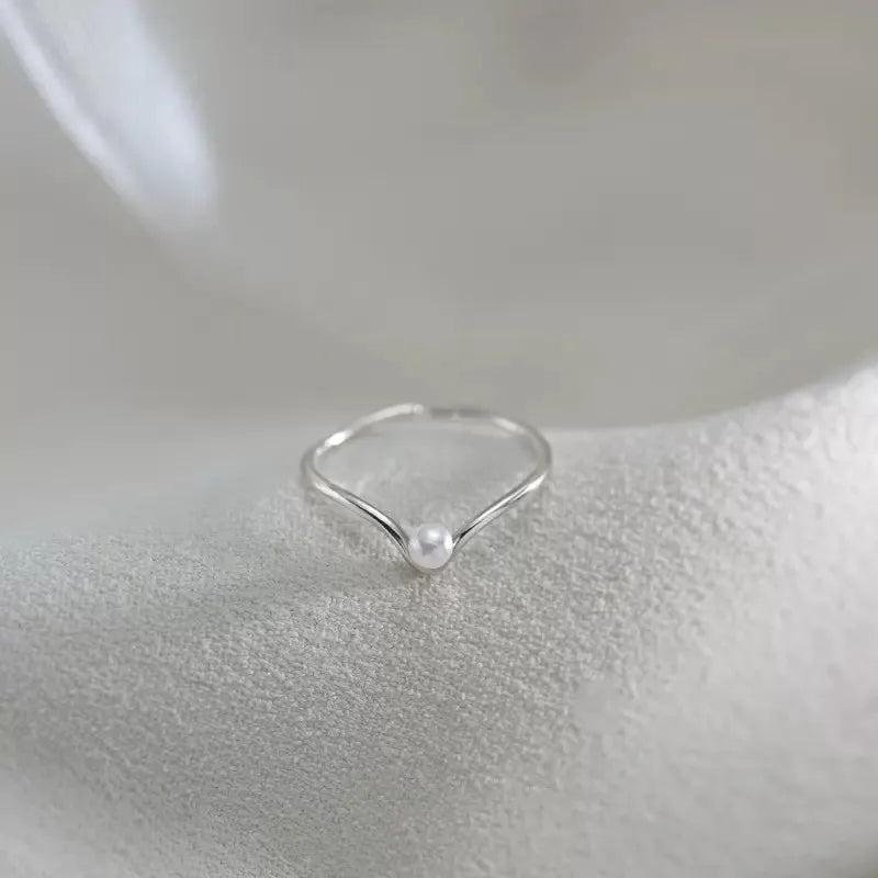 925 Sterling Silver Simple V-Shaped Pearl Embellished Women's Ring - Lovez Aqua© -