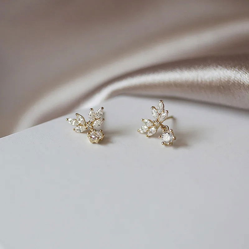 925 Sterling Silver Sparkling Water Drop Zircon Petal Wing Women's Stud Earrings - Lovez Aqua© -